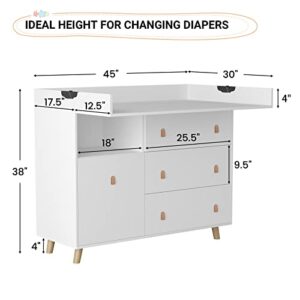 DAWNSPACES 45 Inch Baby Changing Table Dresser, 2 in 1 Convertible Nursery Dresser Chest for Infants with 4 Drawers & Shelf, Storage Changing Station Dresser, White