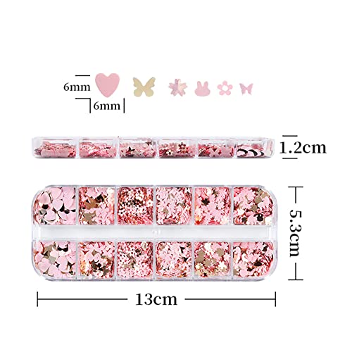 12 Grids Nail Sequins Butterfly Heart Flower Sequins Mixed Pink Nail Glitter Flakes DIY Design Manicure Decorations Sets Glitter Sequin Nail Decoration Nail Accessories for Nail Art