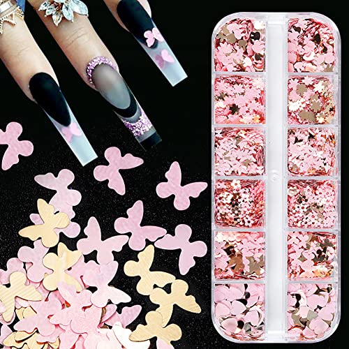 12 Grids Nail Sequins Butterfly Heart Flower Sequins Mixed Pink Nail Glitter Flakes DIY Design Manicure Decorations Sets Glitter Sequin Nail Decoration Nail Accessories for Nail Art