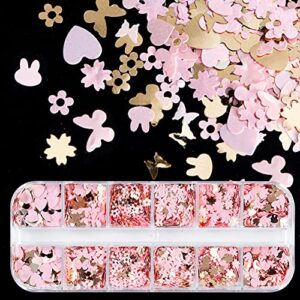 12 Grids Nail Sequins Butterfly Heart Flower Sequins Mixed Pink Nail Glitter Flakes DIY Design Manicure Decorations Sets Glitter Sequin Nail Decoration Nail Accessories for Nail Art