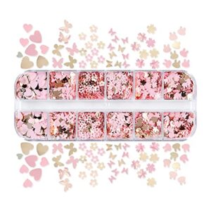 12 Grids Nail Sequins Butterfly Heart Flower Sequins Mixed Pink Nail Glitter Flakes DIY Design Manicure Decorations Sets Glitter Sequin Nail Decoration Nail Accessories for Nail Art