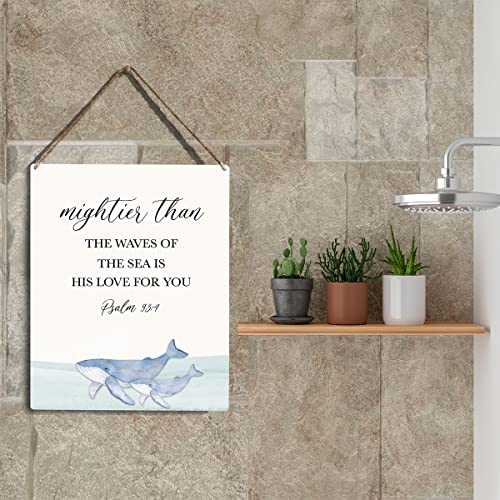 Inspirational Nautical Ocean Whale Decor Mightier Than The Waves of The Sea Psalm 93:4 Wooden Hanging Sign Gift for Baby Kids Girl Boy Nursery Teen Room Bible Verse Wall Art 8 x 10 Inches