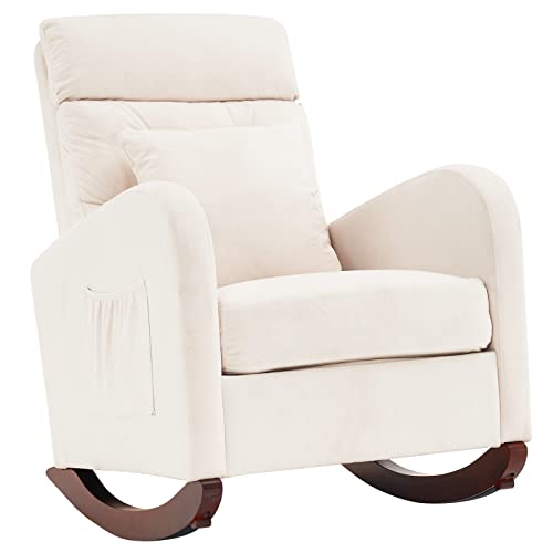 Rocking Chair Nursery Modern Accent Chair High Backrest Upholstered Rocking Chair with Headrest and Side Bag Mid Century Glider Chair Living Room Lounge Chair Armchair