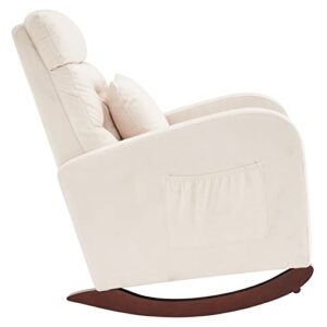 Rocking Chair Nursery Modern Accent Chair High Backrest Upholstered Rocking Chair with Headrest and Side Bag Mid Century Glider Chair Living Room Lounge Chair Armchair