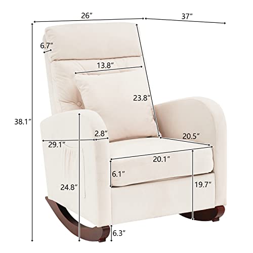 Rocking Chair Nursery Modern Accent Chair High Backrest Upholstered Rocking Chair with Headrest and Side Bag Mid Century Glider Chair Living Room Lounge Chair Armchair