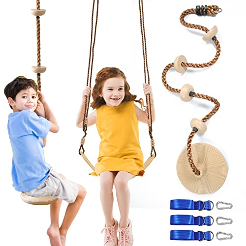 Tree Swing Climbing Rope 2 Pack Multicolor with Platforms Red Disc Swings Seat - Outdoor Playground Set Accessories Tree House Flying Saucer Outside Toys - Bonus Carabiner and 4 Feet Strap (Khaki)