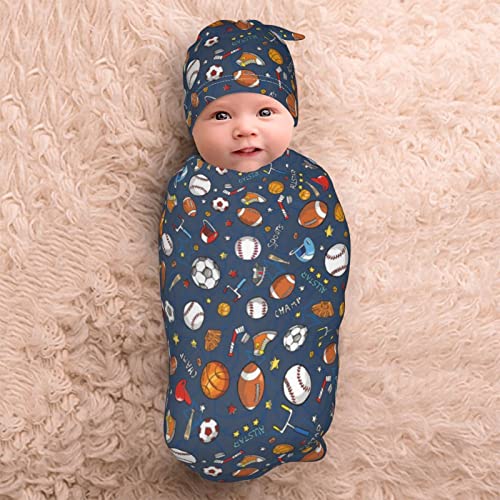 Sports Football Baseball Basketball Soccer Baby Stuff Swaddle Blanket Hat Set,Soft and Stretchy Infant Receiving Blanket for Newborn, Swaddle Sack Wrap for Boy/Girl