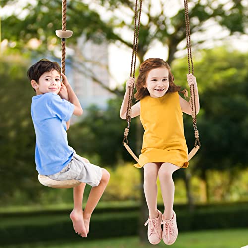 Tree Swing Climbing Rope 2 Pack Multicolor with Platforms Red Disc Swings Seat - Outdoor Playground Set Accessories Tree House Flying Saucer Outside Toys - Bonus Carabiner and 4 Feet Strap (Khaki)