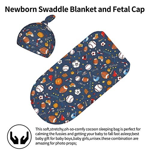 Sports Football Baseball Basketball Soccer Baby Stuff Swaddle Blanket Hat Set,Soft and Stretchy Infant Receiving Blanket for Newborn, Swaddle Sack Wrap for Boy/Girl