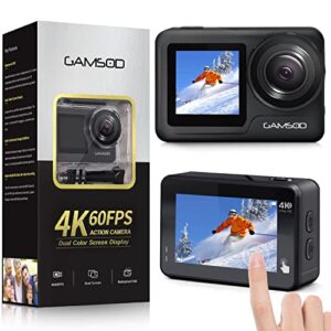 gamsod 4k60fps 20mp wifi action camera with front lcd & touch rear screens, 131 feet waterproof, stabilization, eis 2.0, remote control outdoor sports camera, vlog underwater camera with 2x batteries