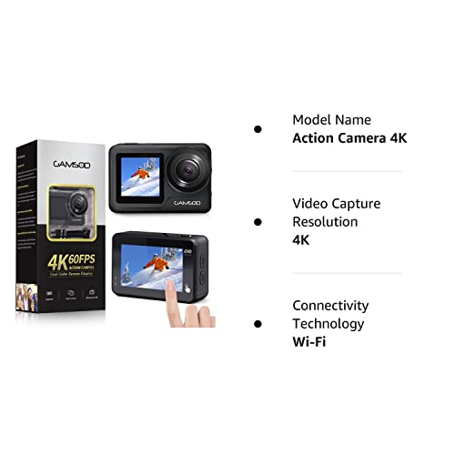 GAMSOD 4K60FPS 20MP WiFi Action Camera with Front LCD & Touch Rear Screens, 131 Feet Waterproof, Stabilization, EIS 2.0, Remote Control Outdoor Sports Camera, Vlog Underwater Camera with 2X Batteries