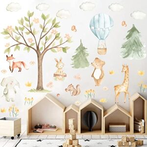 Watercolor Tree Animal Wall Stickers Forest Animals Wall Stickers Baby Room Decor Woodland Nursery Wall Decals Peel and Stick Cartoon Hot Air Balloon Animals Wall Stickers for Kids Room Playroom Decor