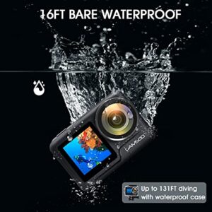 GAMSOD 4K60FPS 20MP WiFi Action Camera with Front LCD & Touch Rear Screens, 131 Feet Waterproof, Stabilization, EIS 2.0, Remote Control Outdoor Sports Camera, Vlog Underwater Camera with 2X Batteries