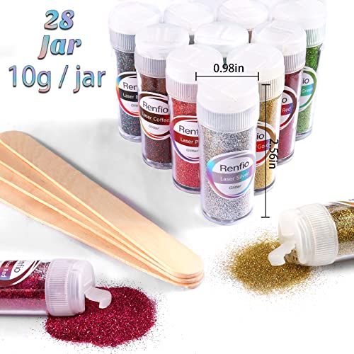 Renfio 28 Colors Holographic Glitter Set, 9.87oz 280g Ultra Fine Glitter Powder PET 1/128" 0.008" 0.2mm Resin Suppies Assorted Craft Glitter for Fake Nails, Resin Art, Tumblers, Slime, Hair, Bomb