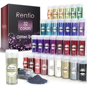 renfio 32 colors glitter set, 11.28oz 320g ultra fine glitter powder pet 1/128" 0.008" 0.2mm resin suppies assorted craft glitter for fake nails, resin art, tumblers, slime, hair, bomb