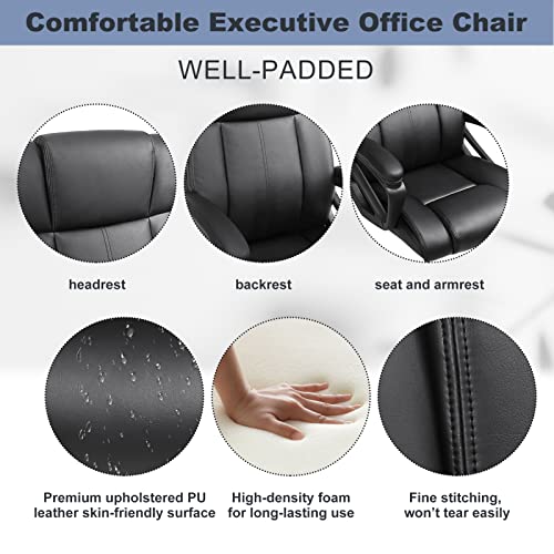 Executive Office Chair, Ergonomic Home Office Desk Chair with Wheels, Thicken Armrest and Lumbar Support, Upholstered Leather Computer Chair with Tilt Function, Black Task Chair