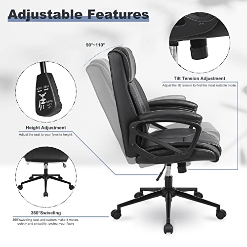 Executive Office Chair, Ergonomic Home Office Desk Chair with Wheels, Thicken Armrest and Lumbar Support, Upholstered Leather Computer Chair with Tilt Function, Black Task Chair