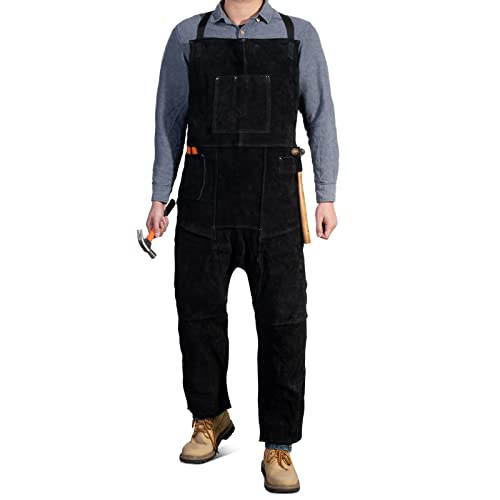 Leather Welding Apron Split Leg for Men and Women,Heavy Duty Cowhide Leather Welding Pants-Forging Apron Black