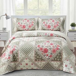 zhuzai 3 piece patchwork quilt set full/queen size, green plaid floral bedspread lightweight reversible microfiber bedding with 2 shams shabby chic rose comforter for all season, 90''x96''