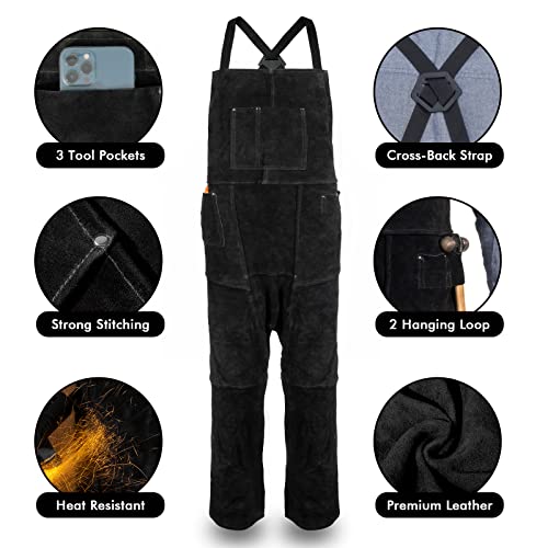 Leather Welding Apron Split Leg for Men and Women,Heavy Duty Cowhide Leather Welding Pants-Forging Apron Black
