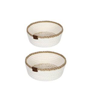 small cotton rope woven storage basket,decorative round cotton rope baskets,desk basket containers for toys, towels, nursery, kids room, bedroom,set of 2, beige
