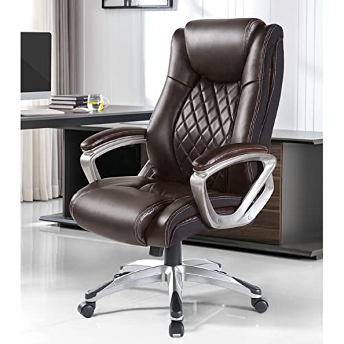 BOWTHY Executive Office Chair 300lbs - Adjustable Built-in Lumbar Support, High Back Office Chair PU Leather Chairs with Padded Armrest, Desk Chairs with Wheels Ergonomic Design for Back Pain (Brown)