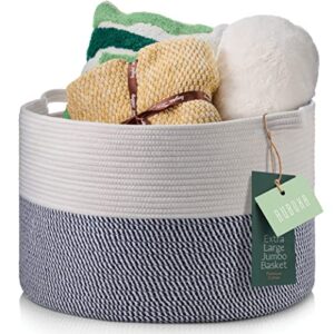 decorative jumbo blanket basket for living room - 100% cotton rope woven basket for storage with 2 easy carry handles, holds up to 40lb - ideal for pillows, blankets, laundry hamper & baby toy bin.