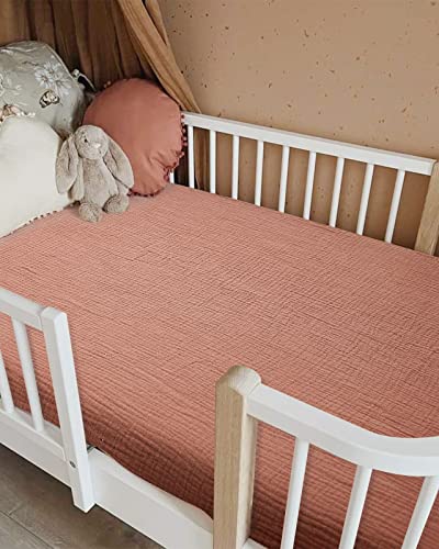 Crib Sheets for Boys Girl, Fitted Baby Toddler Bed Sheets 28" x 52", Neutral Muslin Cotton Crib Mattress Sheet with Boho Style, Soft and Breathable Comfort (Dusty Rose)