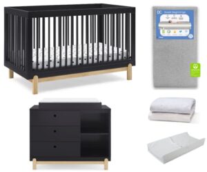 delta children poppy crib 6-piece baby nursery furniture set–includes: convertible crib, dresser, changing top, crib mattress, sheets, & changing pad, midnight grey w/natural