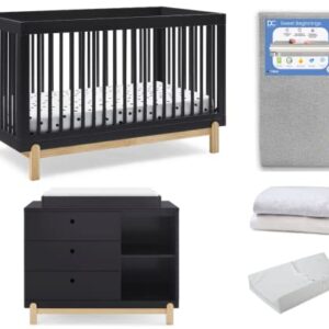 Delta Children Poppy Crib 6-Piece Baby Nursery Furniture Set–Includes: Convertible Crib, Dresser, Changing Top, Crib Mattress, Sheets, & Changing Pad, Midnight Grey w/Natural