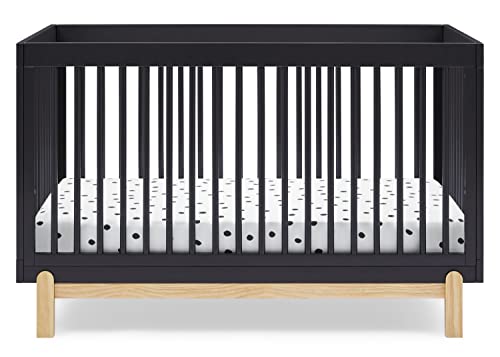 Delta Children Poppy Crib 6-Piece Baby Nursery Furniture Set–Includes: Convertible Crib, Dresser, Changing Top, Crib Mattress, Sheets, & Changing Pad, Midnight Grey w/Natural