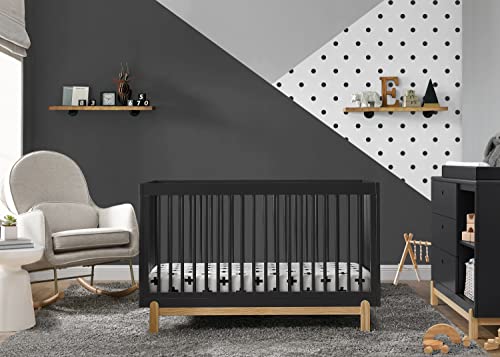 Delta Children Poppy Crib 6-Piece Baby Nursery Furniture Set–Includes: Convertible Crib, Dresser, Changing Top, Crib Mattress, Sheets, & Changing Pad, Midnight Grey w/Natural