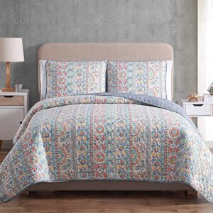 dreamcloud home bohemian quilt set full queen size 3 piece, cosima striped pattern printed bedding coverlet set, lightweight soft reversible bedspread sets for all season (1 quilt & 2 pillow shams)