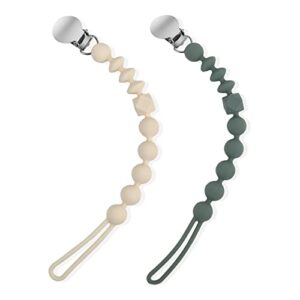 one-piece silicone pacifier clip holder, set of 2 soft flexible pacifier clips binky clips for boys and girls, baby newborn essentials, birthday christmas shower gift(sage, cream white)