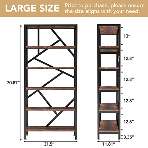 Tribesigns 6-Tier Bookshelf 71 inch Tall Bookcase, Vintage Industrial 6 Shelf Etagere Display Shelves, Open Book Storage Rack Wood Shelving Units Organizer (Brown)