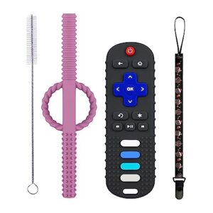 baby teether toys - tv remote control shape silicone toddler teething toys for babies 6-12 months (black + dark purple)