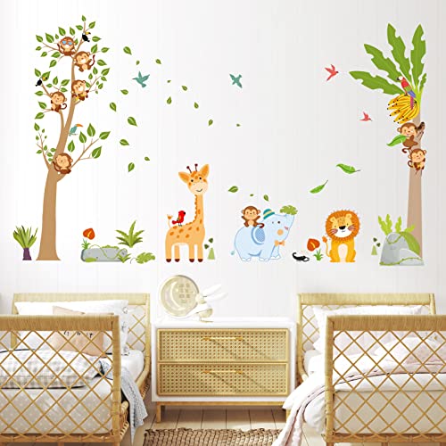 AnFigure Jungle Animal Wall Stickers Giraffe Elephant Lion Wall Decals Forest Monkey Tree Wall Stickers for Kids Girls Boy Baby Room Nursery Playroom Daycare Bedroom Kindergarten Wall Decor