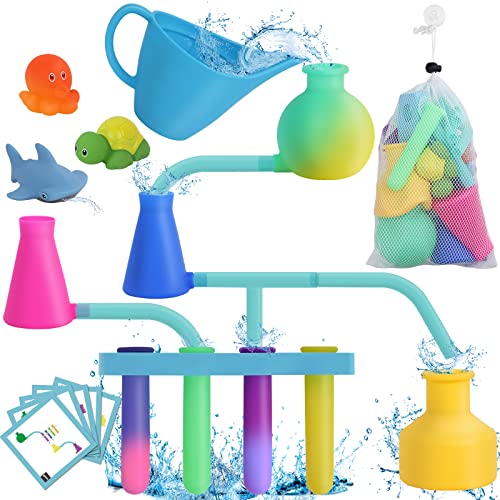 Gifts2U Bath Toy for Kids Age 4-8, 25PCS Color Changing Silicone Water Lab Suction Bath Toy Set for Toddlers, Bathtub Play Stem Buiding Toys with Mesh Storage Bag