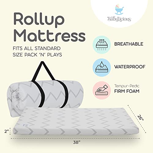 Babylicious Waterproof Pack and Play Mattress Topper - 38" x 26" - Roll Up Style - Breathable Soft Memory Foam - Portable Playard Mattress Topper- Baby Foam Playpen Mattresses for Babies