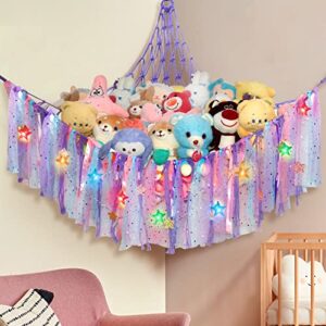 stuffed animal hammock with light, stuffed animal storage net, hanging plush net hammock for dolls, wall corner net holder with star decoration and colorful light