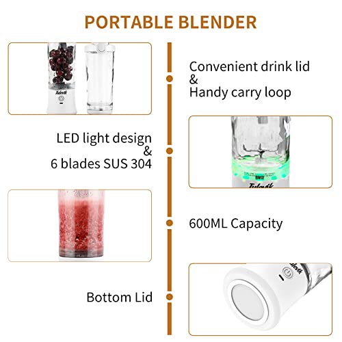 Portable Blender, Tulevik Personal Blender for Shakes and Smoothies with 6 Blades,20 Oz Mini Blender with Travel Lid and USB Rechargeable for Kitchen/Gym/Travel/Office, BPA-Free, White