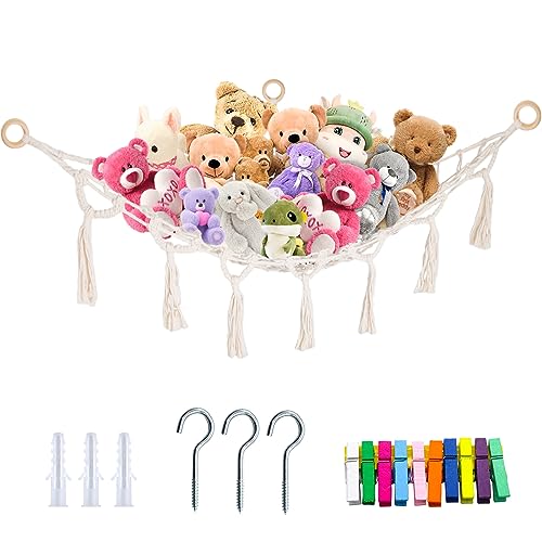Newmemo Stuffed Animal Hammock Macrame Toy Hammock Stuffed Animal Net with Tassels Macrame Corner Plush Toys Net Holder Hanging Netting with Wooden Photo Clips for Boho Nursery Play Room Kids Bedroom