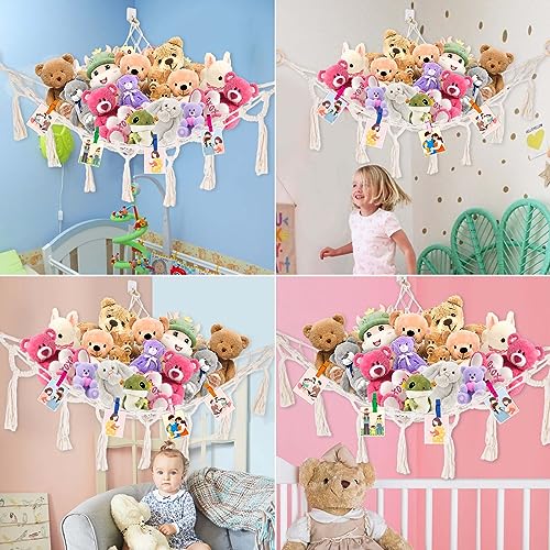 Newmemo Stuffed Animal Hammock Macrame Toy Hammock Stuffed Animal Net with Tassels Macrame Corner Plush Toys Net Holder Hanging Netting with Wooden Photo Clips for Boho Nursery Play Room Kids Bedroom