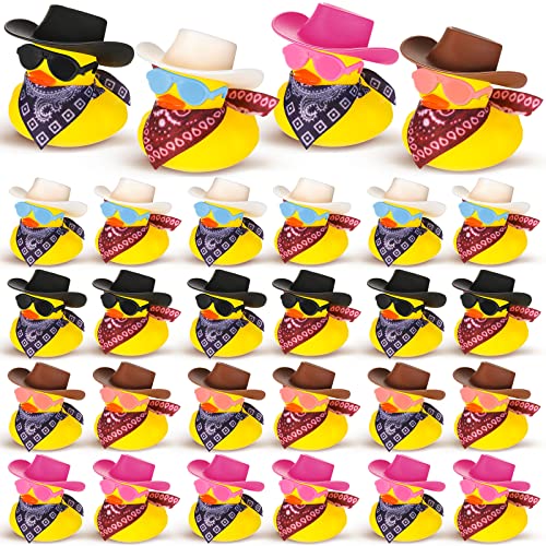 24 Sets Cowboy Rubber Ducks with Mini Cowboy Hat Scarf and Sunglasses Cute Bath Rubber Ducks Small Bathtub Accessories Toys for Baby Shower Birthday Swimming Party Gifts Decorations