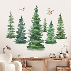 decalmile watercolor large pine trees wall decals woodland branch birds wall decals nursery bedroom living room wall decor(h: 95cm)