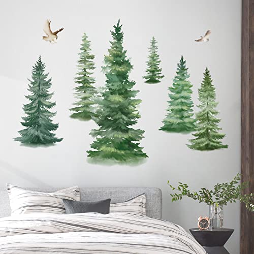 decalmile Watercolor Large Pine Trees Wall Decals Woodland Branch Birds Wall Decals Nursery Bedroom Living Room Wall Decor(H: 95cm)