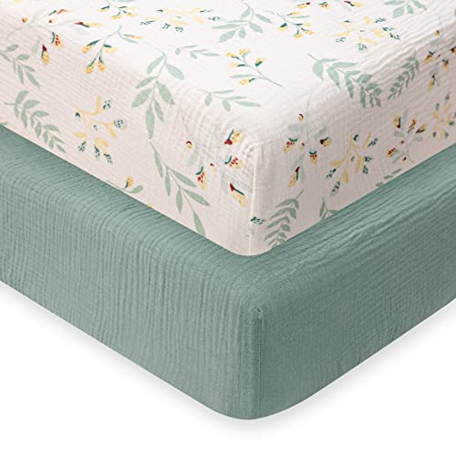 Muslin Crib Sheets for Girls and Boys, Cotton Boho Neutral Fitted Baby Crib Sheet for Standard Crib Mattress & Toddler Bed Mattress (52"x28"), Soft and Breathable, 2 Pack (Roman Green&Botanical Leaf)