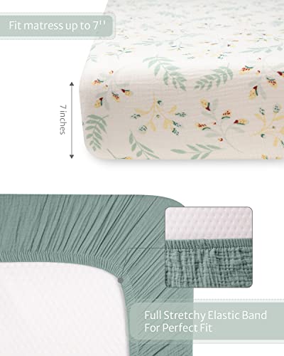 Muslin Crib Sheets for Girls and Boys, Cotton Boho Neutral Fitted Baby Crib Sheet for Standard Crib Mattress & Toddler Bed Mattress (52"x28"), Soft and Breathable, 2 Pack (Roman Green&Botanical Leaf)
