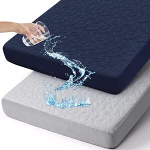 acrabros pack and play sheets fitted-2 pack waterproof pack n play sheet,mini crib mattress pad protector,universal fit quilted padded ultra soft, gray & navy blue