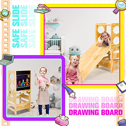 4 in 1 Learning Kitchen Tower Toddler Kitchen Stool with Safety Rail Helper Stool for Toddlers Foldable Learning Tower Toddler Step Stool with Slide and Chalkboard